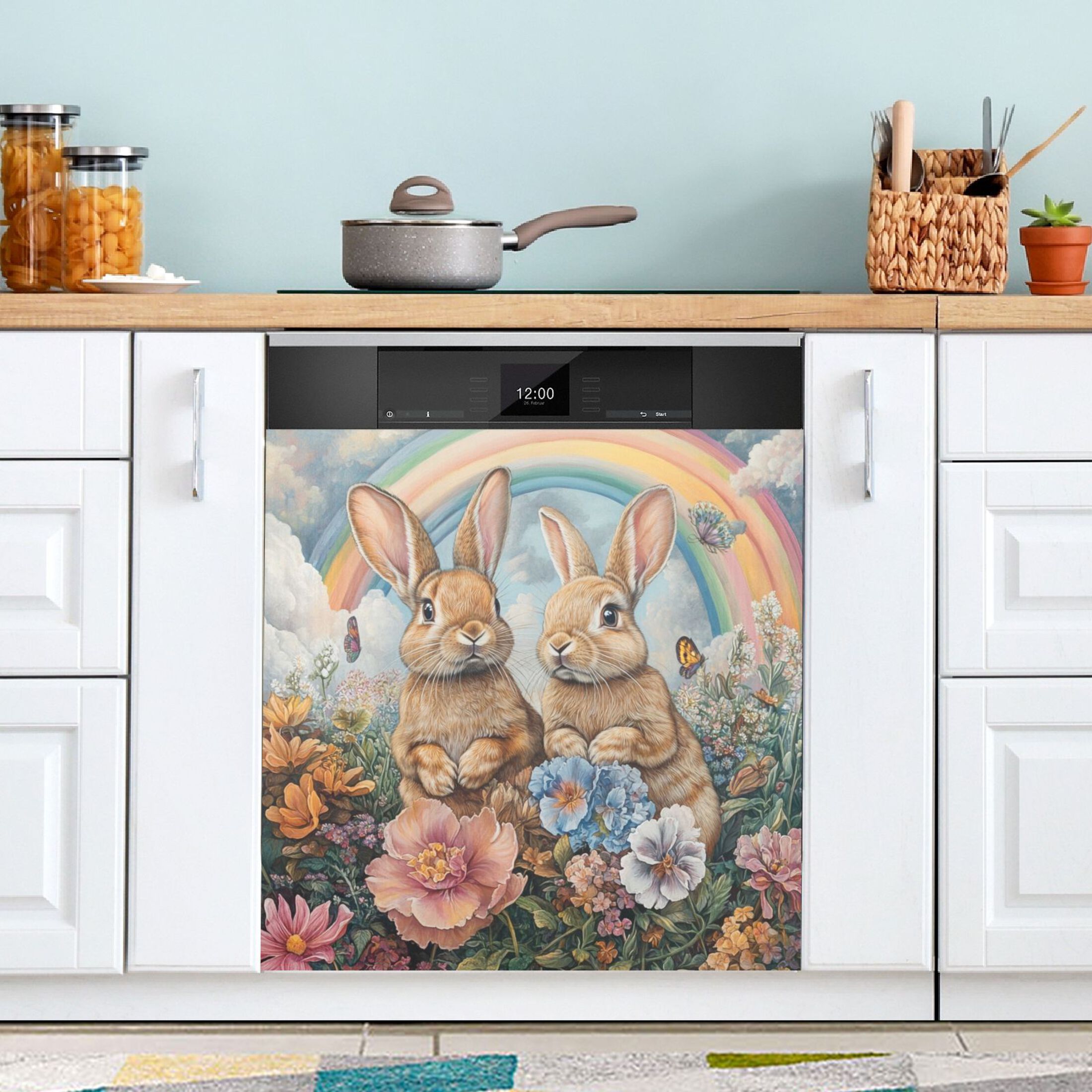 Dishwasher Magnetic Sticker 23x26 Inch Refrigerator Magnetic Sticker Washing Machine Magnetic Sticker Kitchen Panel Magnetic Sticker Home Decor Rainbow Two Rabbits