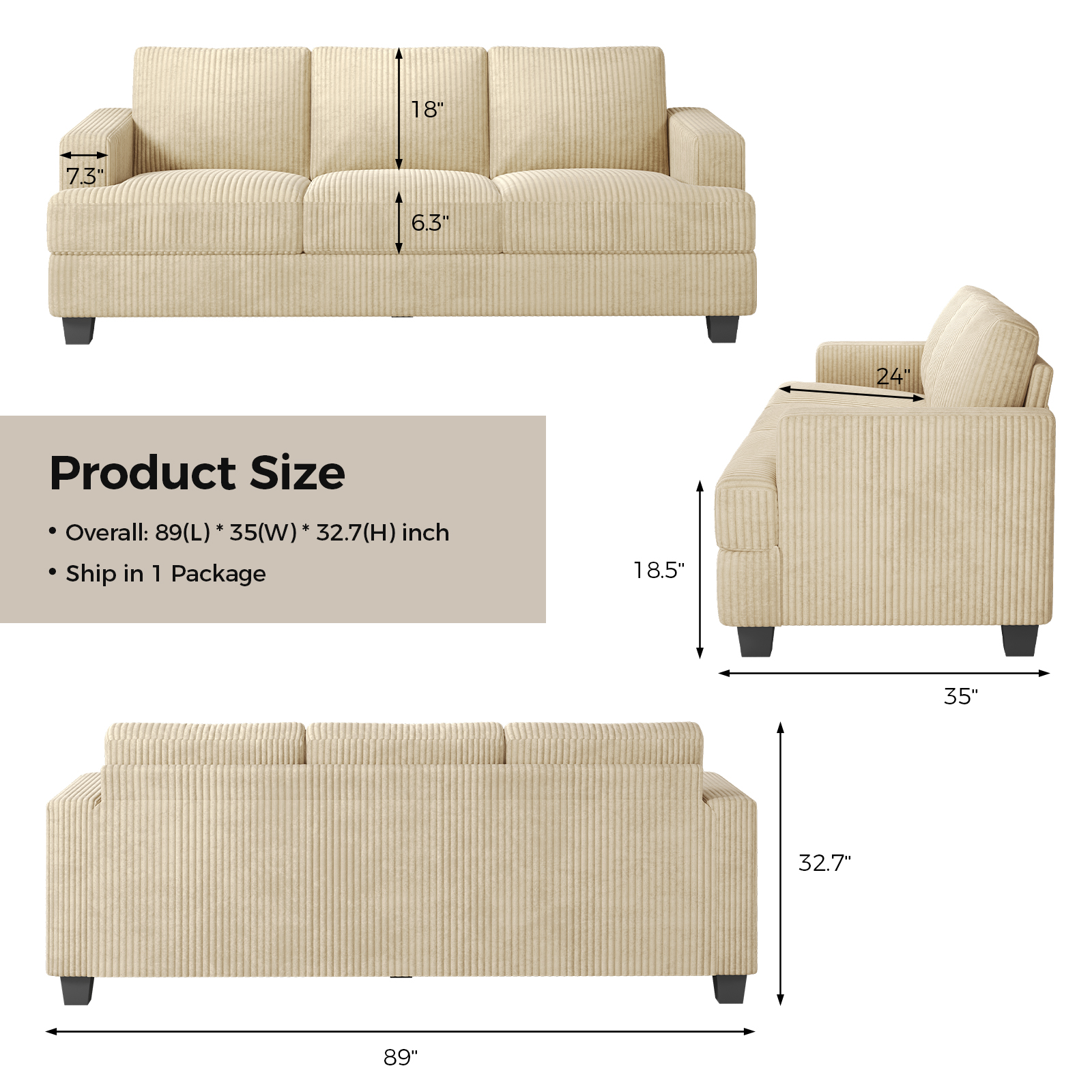 BLAZANT 89" Extra Deep Seats Oversize, Wide Corduroy Fabric 3 Seater Sofa for Living Room, Modern Couch and Sofa, Comfy Armrests and Seats and Backrests, Easy Installation,Beige