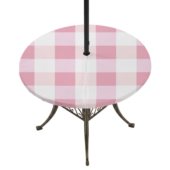 Light Pink Buffalo Check Round Outdoor Tablecloth with Umbrella Hole Zipper, Farmhouse Plaid Modern Geometric Elastic Fitted Table Cover, Waterproof Table Cloth for Patio Picnic Party Fits 54"-60"