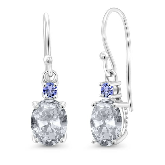 Gem Stone King 10K White Gold White Topaz and Blue Tanzanite Dangle Earrings for Women (2.76 Cttw, Gemstone Birthstone, Oval 8x6mm)