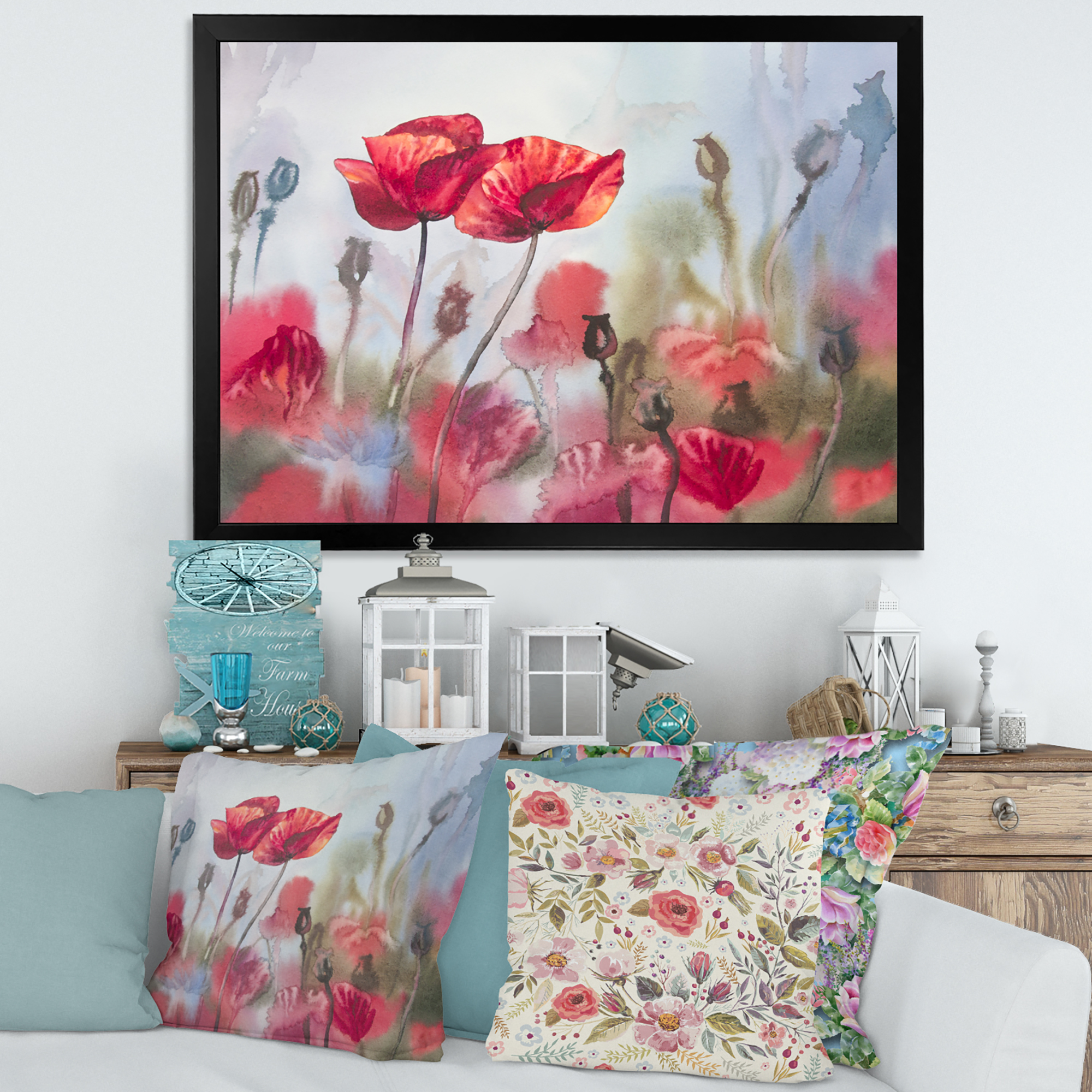 Designart 'Blossoming Red Poppies In The Meadow' Traditional Framed Art Print