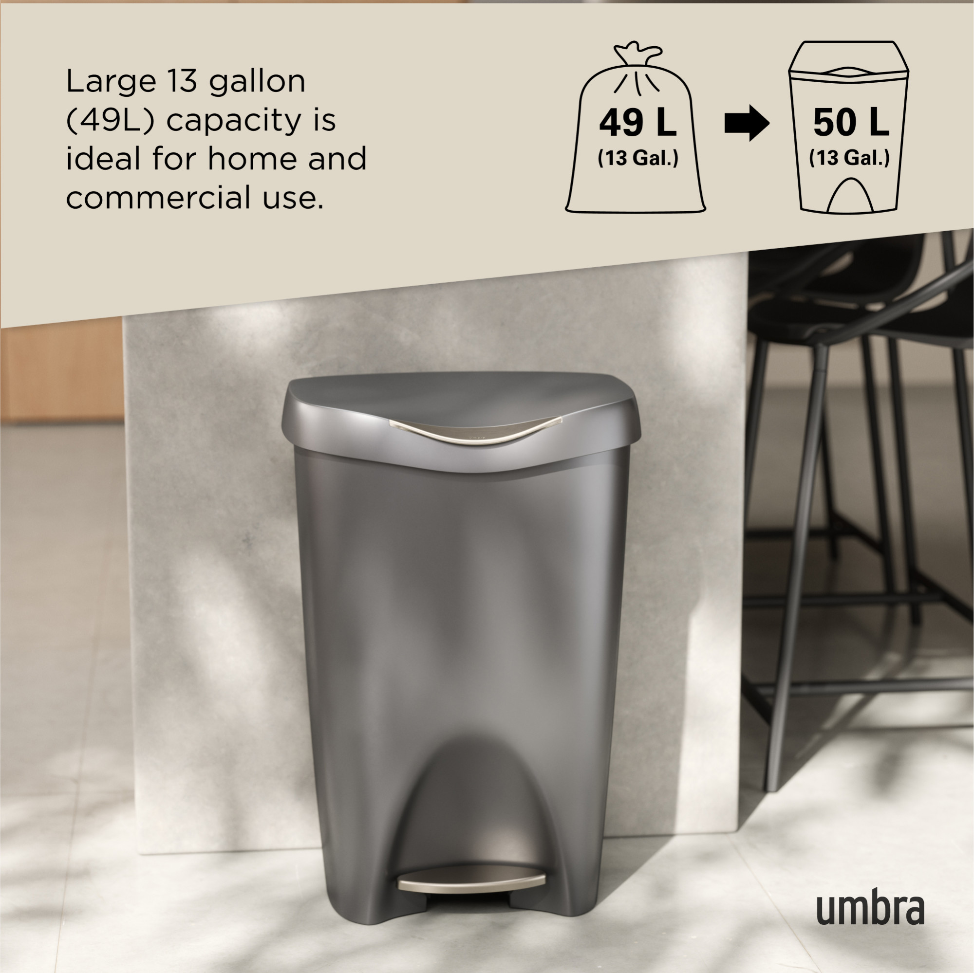 Umbra 13 gal Brim Plastic Step Soft Close Lid Kitchen Trash Can, Nickel - image 5 of 13