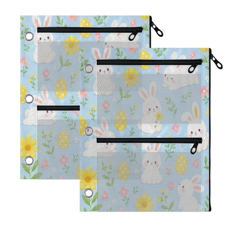 2 Pack 3-Ring Binder Pencil Pouch with Clear PVC Windows Cute Easter Bunny Graphic Large Capacity Stationery Bag for Classroom Office Supplies