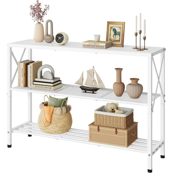 White Industrial Console Table, 3 Tier Entryway Tables, Hallway Desk, Narrow Sofa Tables with Shelves, Entrance Table for Entryway, Living Room, Foyer, Hallway, Office, White