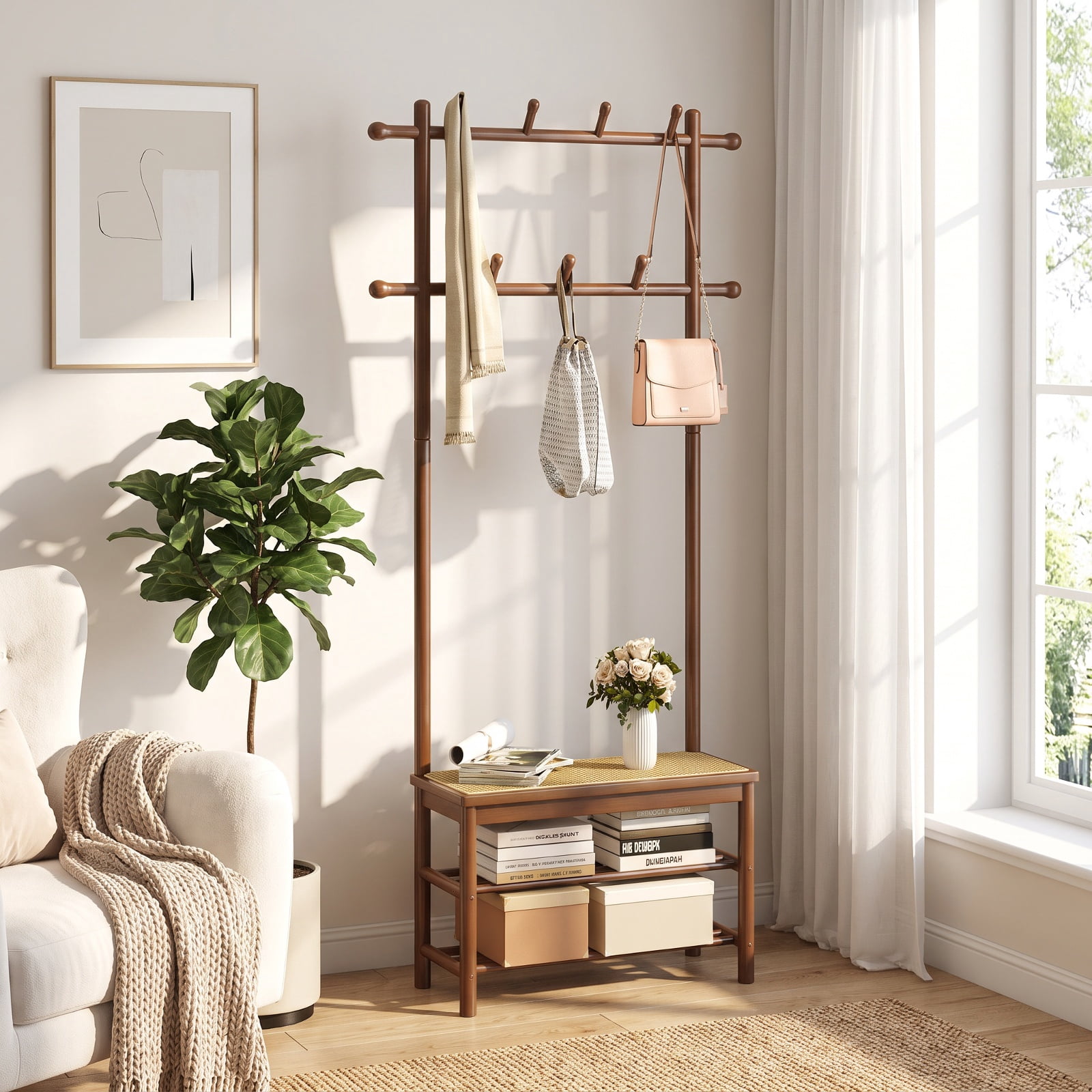 Furnibear 3 in 1 Bamboo Hall Tree Coat Rack with Bench and Shoe Storage and 11 Hooks for Entryway and Foyer and Hallway, Brown