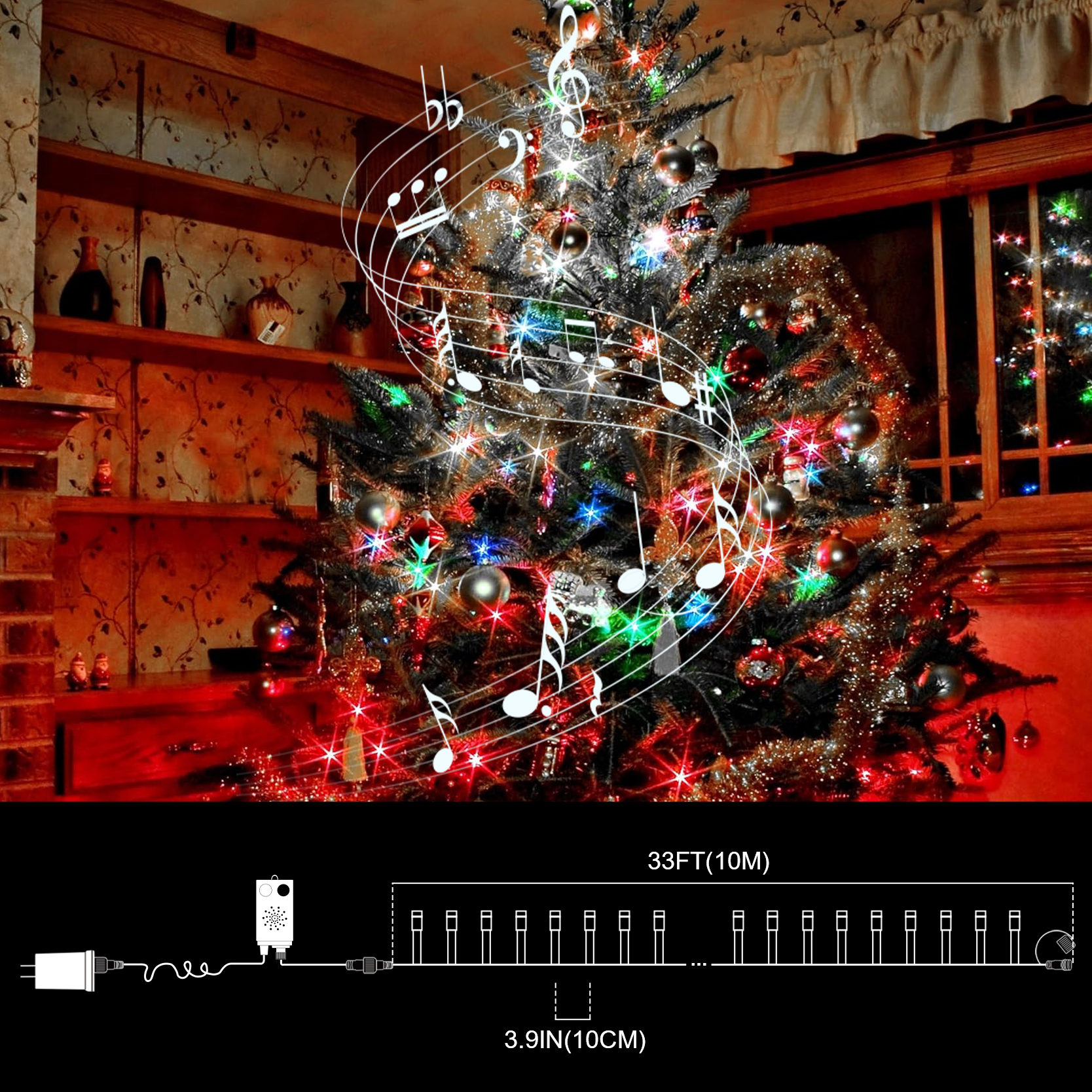 LAMPHOME 33ft Music Christmas Mini Lights (Stepless Dimming,Green Wire),100 LED Fairy Starry String Light Plug in for Indoor Outdoor Xmas Tree Wedding Party Decoration (White+Four Colors)