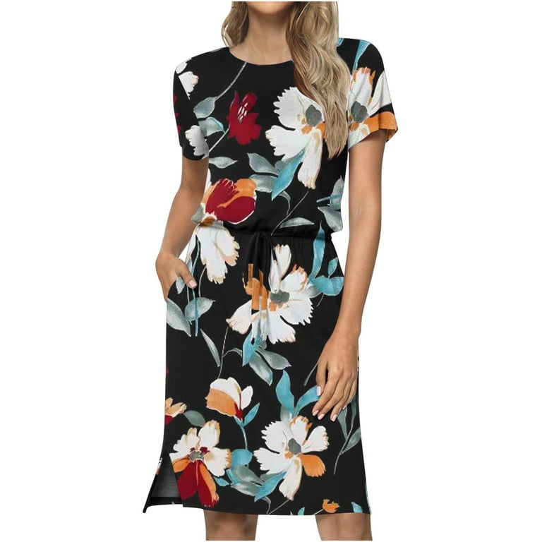 DailyTrove Women's Floral Print Fit & Flare Dress, Short Sleeve, Casual  Garden & Brunch Wear, Lightweight Rayon Blend, Contrast Hem - Walmart.com