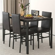 5 Piece Dining Room Table Set, Modern Dining Table Sets with Black PU Leather Chairs for 4, Faux Marble Pattern Rectangle Kitchen Table Set for Bar Living Room Breakfast Nook Small Space