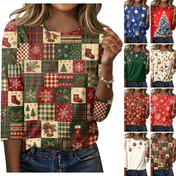 WULMLEO Christmas Shirts for Women Cute 3/4 Length Sleeve Tops Dressy Casual Crewneck Sweatshirts Ugly Xmas Sweater Blouses Army Green 4XL