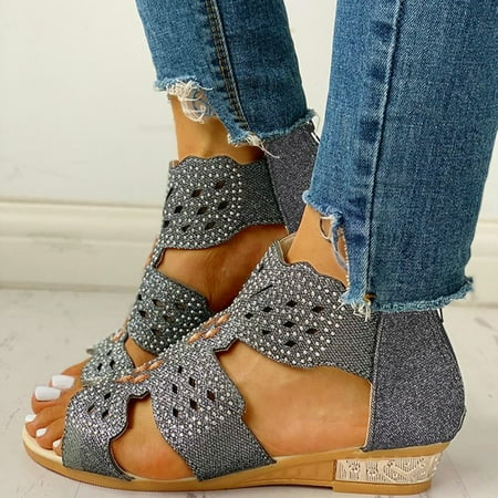 

Tuscom Women s Ladies Fashion Vintage Crystal Outdoor Hollow Out Zip Up Sandals Shoes