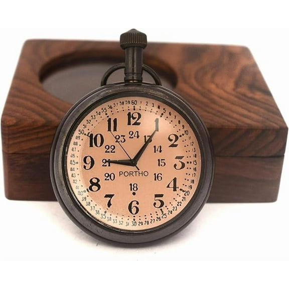 Vintage PORTHO Classic Pocket Watch with Chain and Wooden Box - Timeless Elegance for Men and Women, Gift 46mm