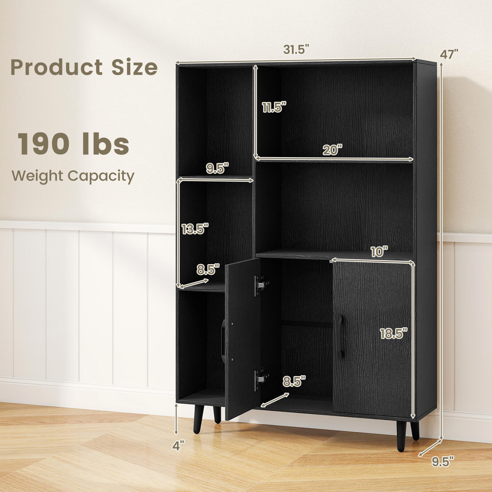 Costway Free Standing Storage Cabinet with 5 Open Shelves Double Door Cabinet Metal Legs Black