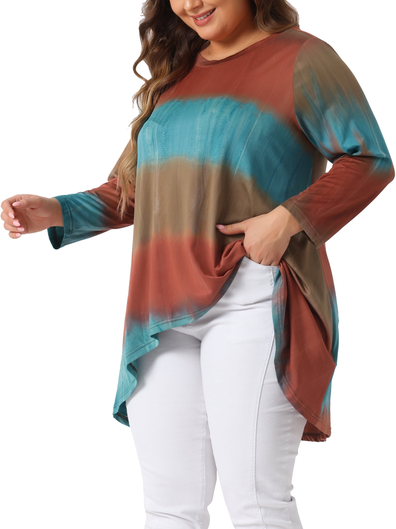 Unique Bargains Women' Plus Tie Dye High Low Tunic Tops Tee Shirts 3X Orange