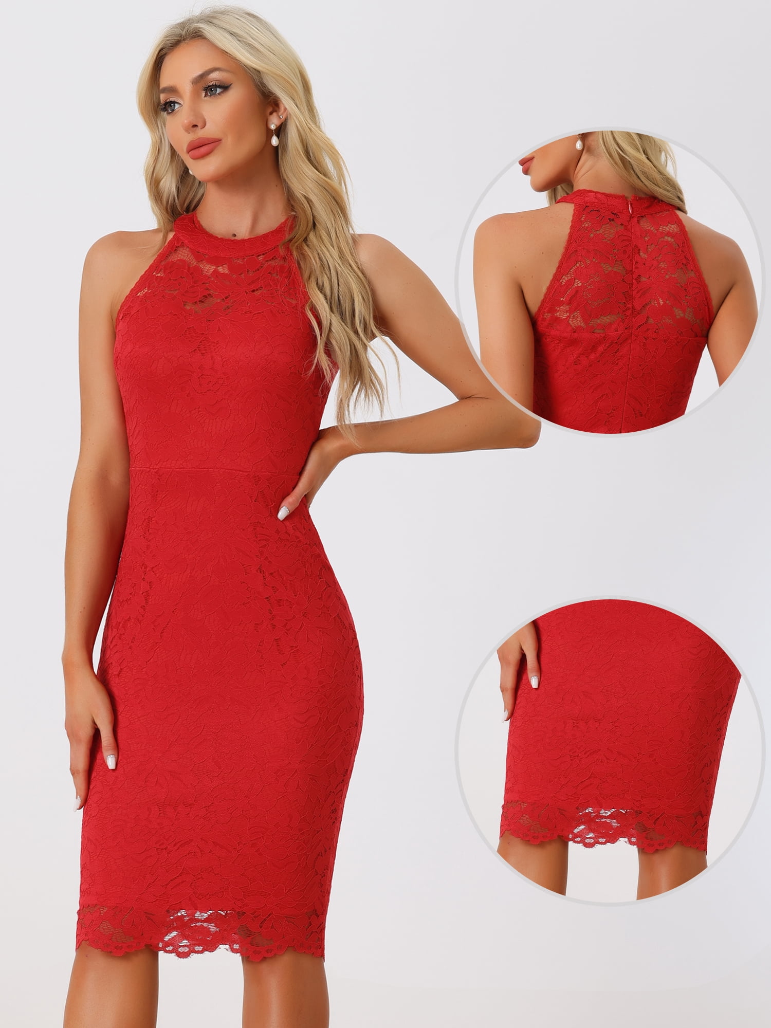 DARING DIVA Lace Halter Neck Sleeveless Bodycon Cocktail Sheath Dress M Red