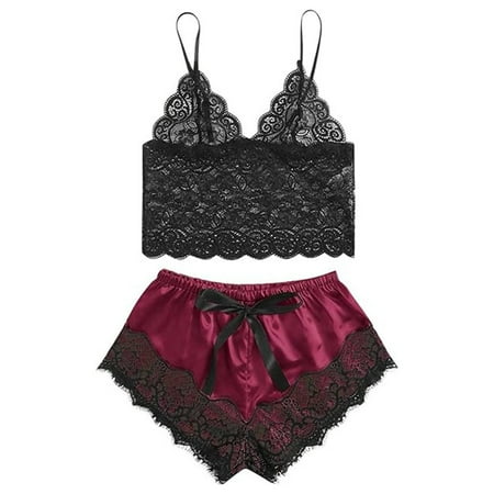 Sentaili Women Sexy Lace Sleepwear Lingerie Pajamas Set Tops Short Bra Pants Nightwear