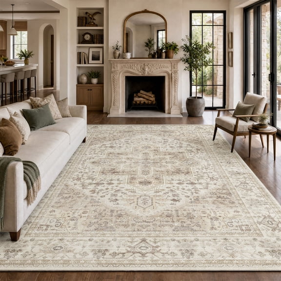 SIXHOME 8'x10' Area Rugs for Living Room Washable Rugs Carpet Medallion Traditional Rugs for Bedroom Dinning Room Office Soft Non Slip Large Area Rug Retro Home Decor Beige
