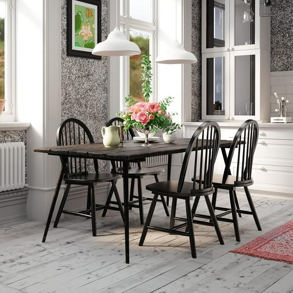 18 Inch Wood Black Dining Chairs Set of 6, High Back Spindled Rubberwood Seating Chair for Kitchen Living Room Farmhouse