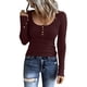 thumbnail image 3 of Prolriy Tops de verano para mujer 2024, camisetas Henley de manga larga para mujer, camisetas ajustadas con botones y cuello redondo, camisetas de punto acanalado, camisetas para mujer, color vino L, 3 of 7