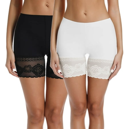 MANIFIQUE 2 Pack Women Slip Shorts for Under Dresses Anti Chafing Underwear Lace Boyshorts Panties for Summer