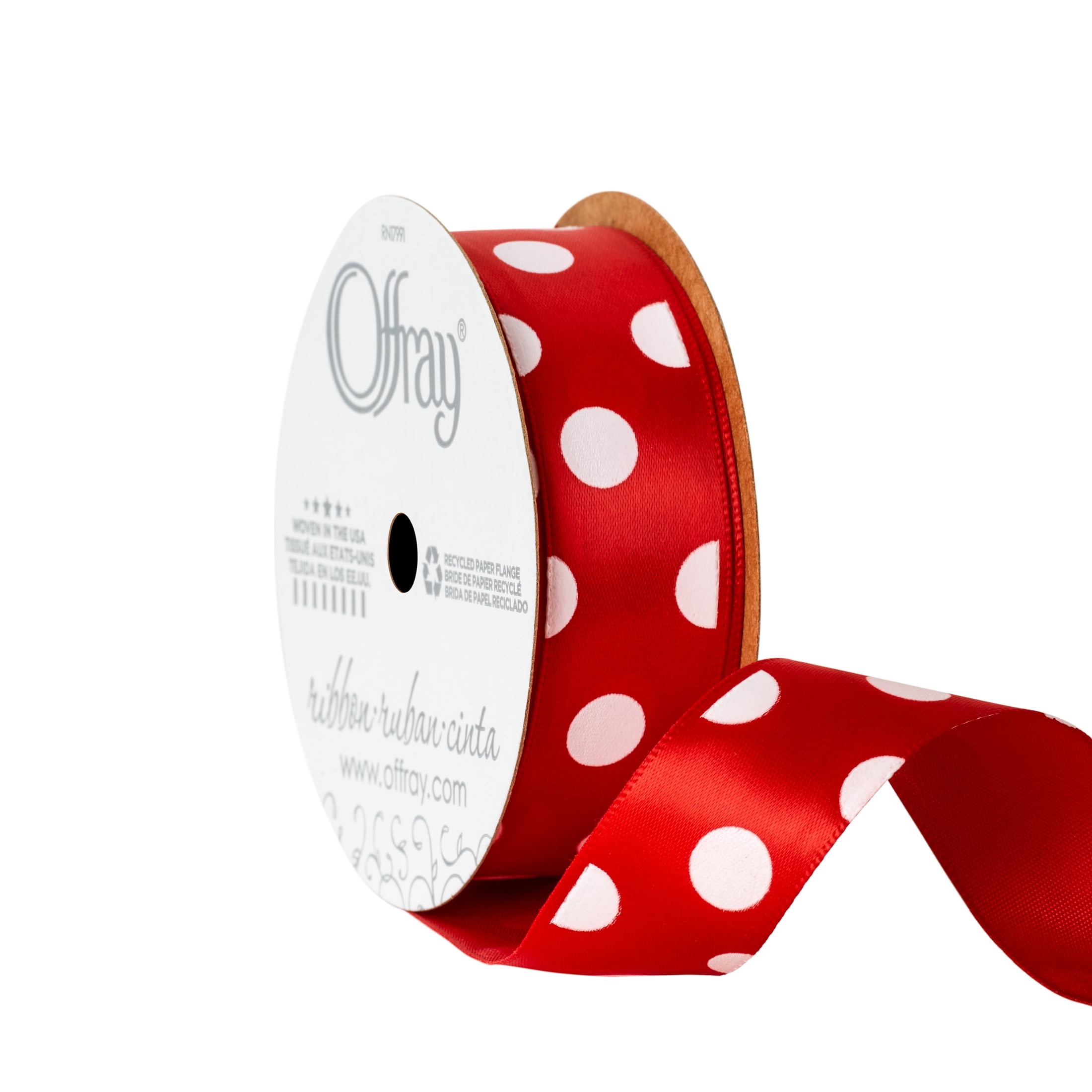 (3 pack) Offray Ribbon, Red with Polka Dot 7/8 inch Single Face Satin Polyester Ribbon, 9 feet