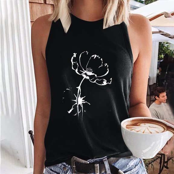 Brilliant Clearance under $5 Womens Shirts for Summer Women Floral Printing Tank Fit Round-Neck Sleeveless Block Shirts Tunic Tee Tops