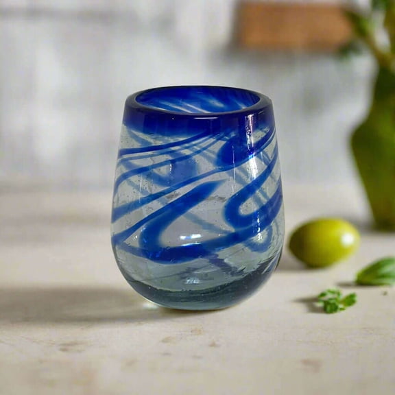 Mexican Stemless Wine Glass | Hand-Blown Blue Swirl (1Piece)