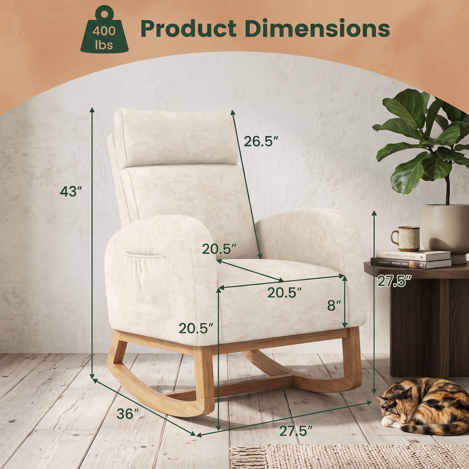 Furnibear Nursery Rocking Chair, Upholstered Chenille Rocker Armchair with Rubber Wood Frame, Ergonomic Glider Chair with Side Pocket for Living Room Bedroom, Beige