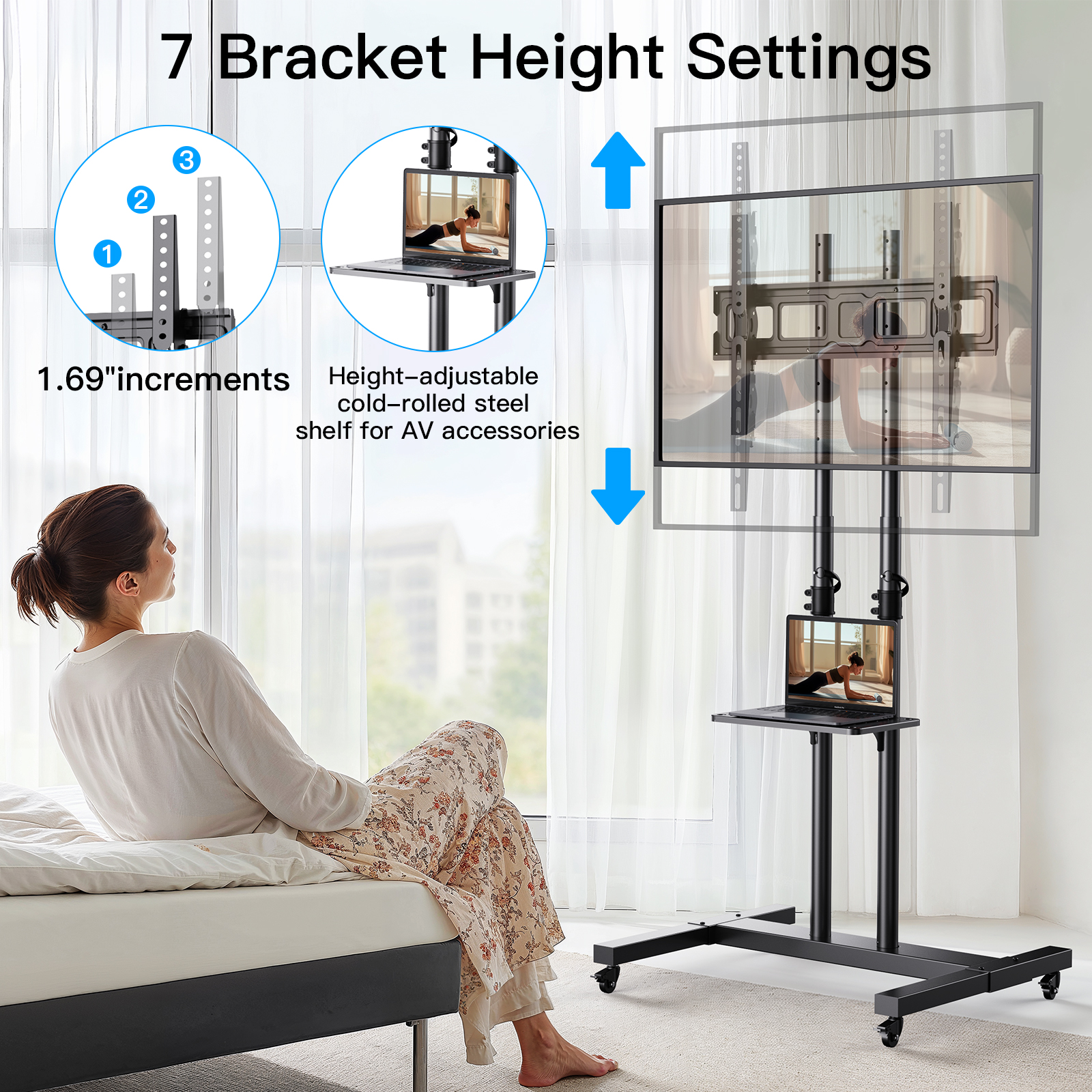 MountFTV Modern Rolling TV Stand with Metal Shelf, 32-82" photo 4