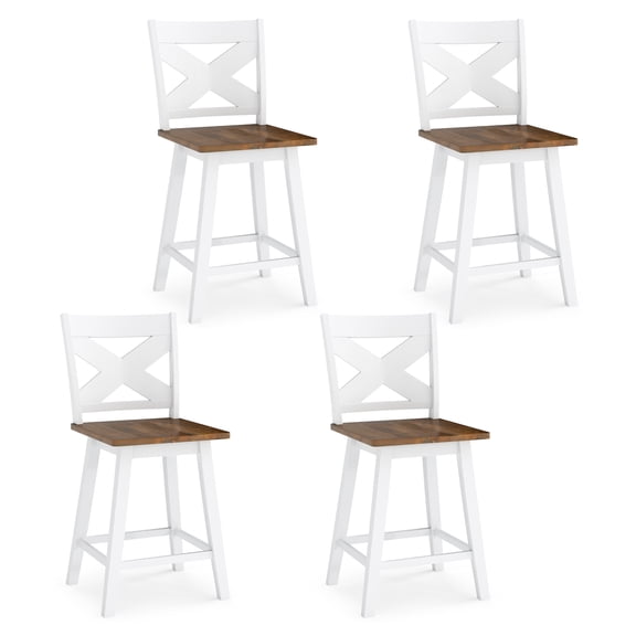 Gymax 24'' Swivel Barstools Set of 4 w/Backrest Large Seat Footrest for Kitchen Island White & Walnut