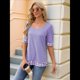 thumbnail image 5 of Camiseta de Verano para Mujer, Estilo Casual, de Corta y Cuello Cuadrado, Holgada, con Estampado de Vaca y Bloques de Color. Púrpura M, 5 of 9