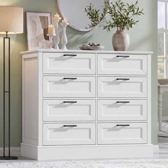 White 8 Drawers Farmhouse Wooden Dresser Large Capacity Chest of Drawers Storage Furniture for Bedroom Living Room and Hallway