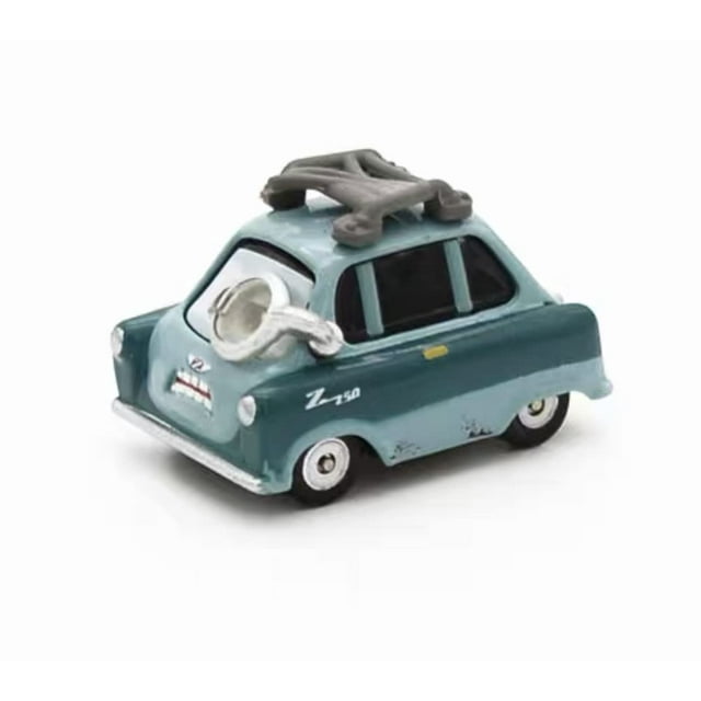 set de coches de juguete wltk movie cars 2 black storm jackson mcqueen coche escala 1/55, vista 3/4 frontal de vehículo verdeazulado con carrocería metálica, ruedas giratorias, detalle de turbo en el capó y baca gris; ventanas negras, tamaño aprox. 7 cm, compatible con otros sets de Cars.
