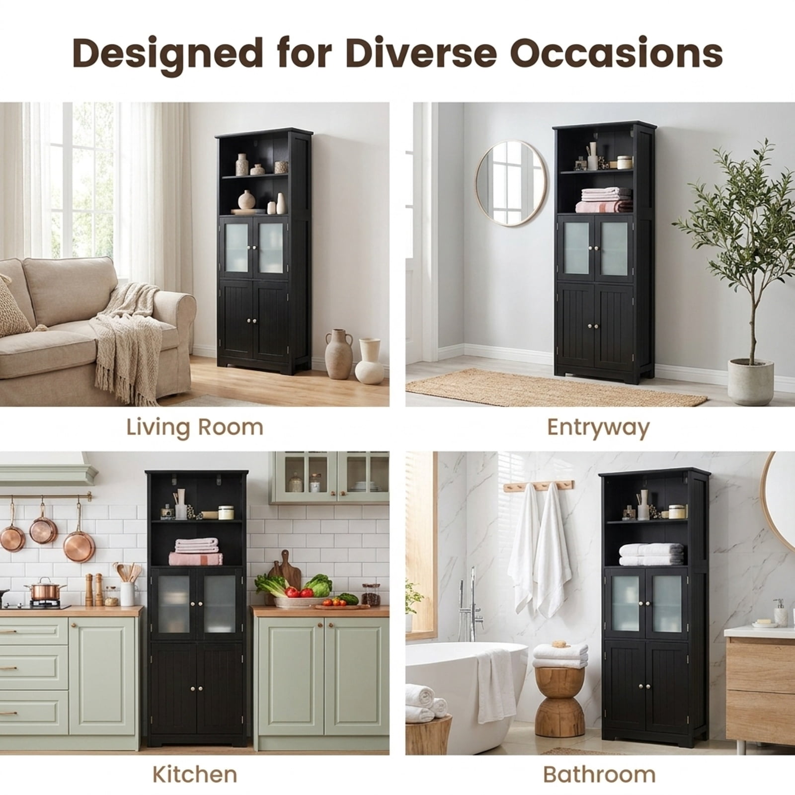 Vebreda Freestanding Bathroom Storage Cabinet, 6-Tier Freestanding Bathroom Cabinet with 2 Open Compartments and Adjustable Shelves