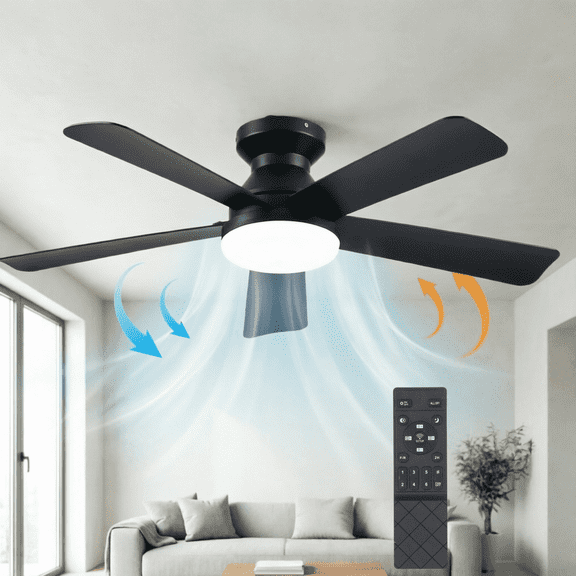 Ceiling Fans with Lights and Remote, 42" Low Profile LED Ceiling Fan with Flush Mount, Reversible, 3CCT, Dimmable, Quiet, Indoor Outdoor Fan for Bedroom, Black