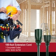 Hyper Tough 100FT 16AWG 3 Prong Green Outdoor Extension Cord, Single Outlet, 125V 10A
