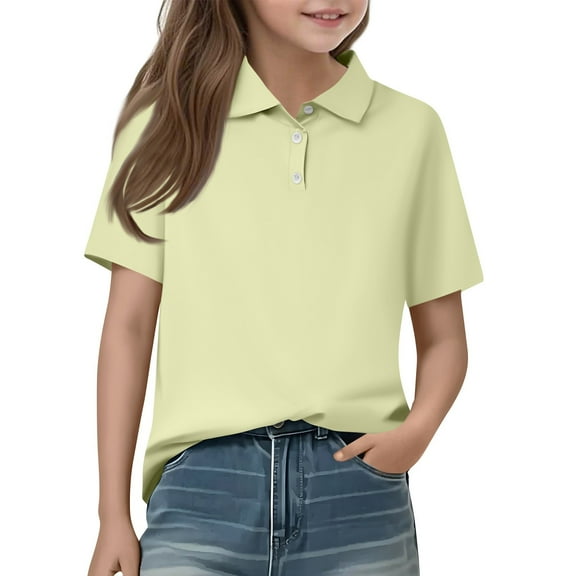 Drmagiyhm Polo Shirts for Girls Casual Short Sleeve Shirt Golf Button Down Tshirts 2025 New Collared Dressy Tops Beige 7-8 Years
