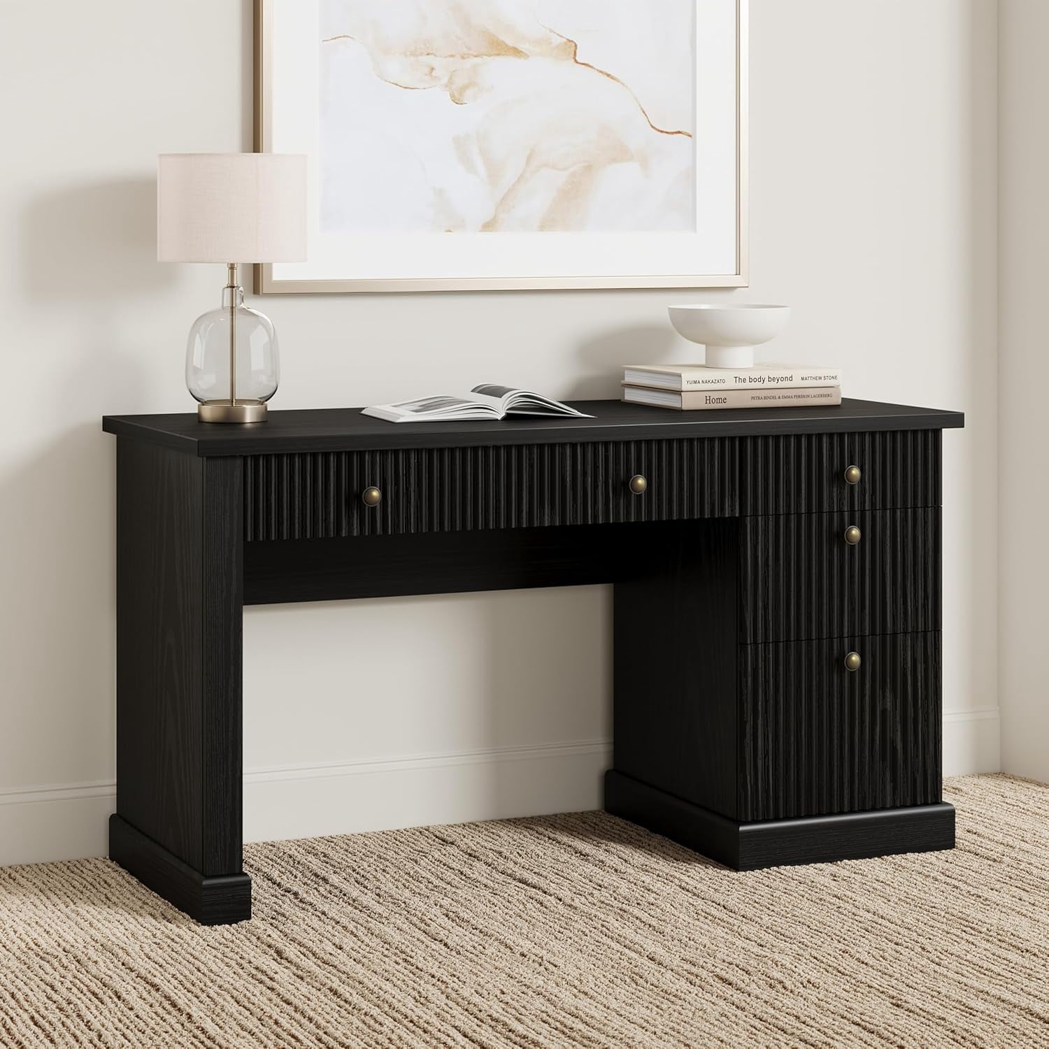 Modern 54" Executive Office Desk with Fluted Details & Charging Station - Wooden Computer Desk with File Drawers, Home Office Storage Desk for Study, Living Room or Bedroom, Black