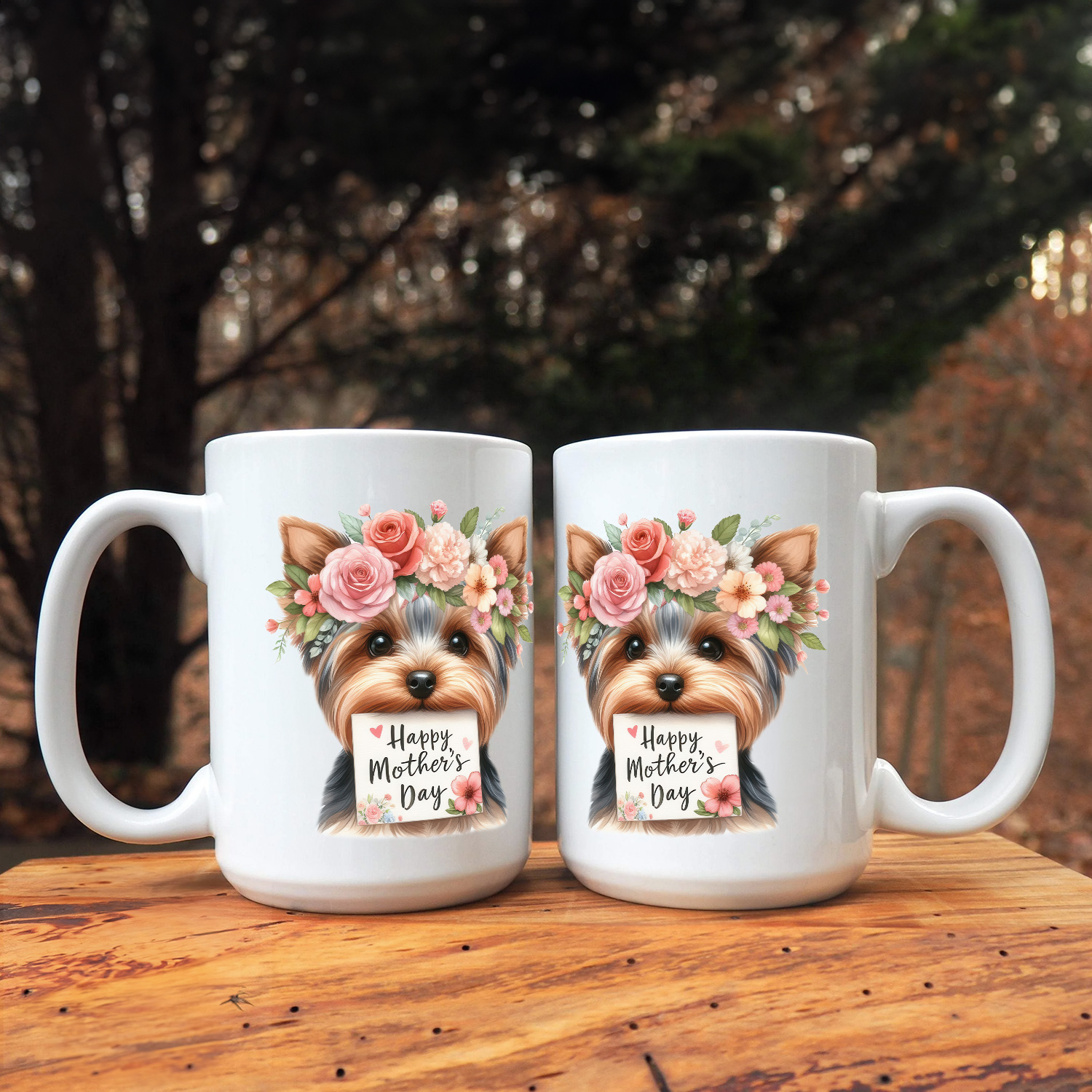Happy Mother's Day Yorkshire Terrier with Flower Crown and Greeting Card Mug Yorkie Dog Lover Gifts Coffee Tea Cup - 13004