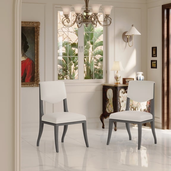 Miekor Furniture Oak Gray Finish Upholstered Dining Chairs Set of 2 - Traditional Elegant Fabric Side Chairs with Curved Lines, Solid Hardwood Frame MK3309