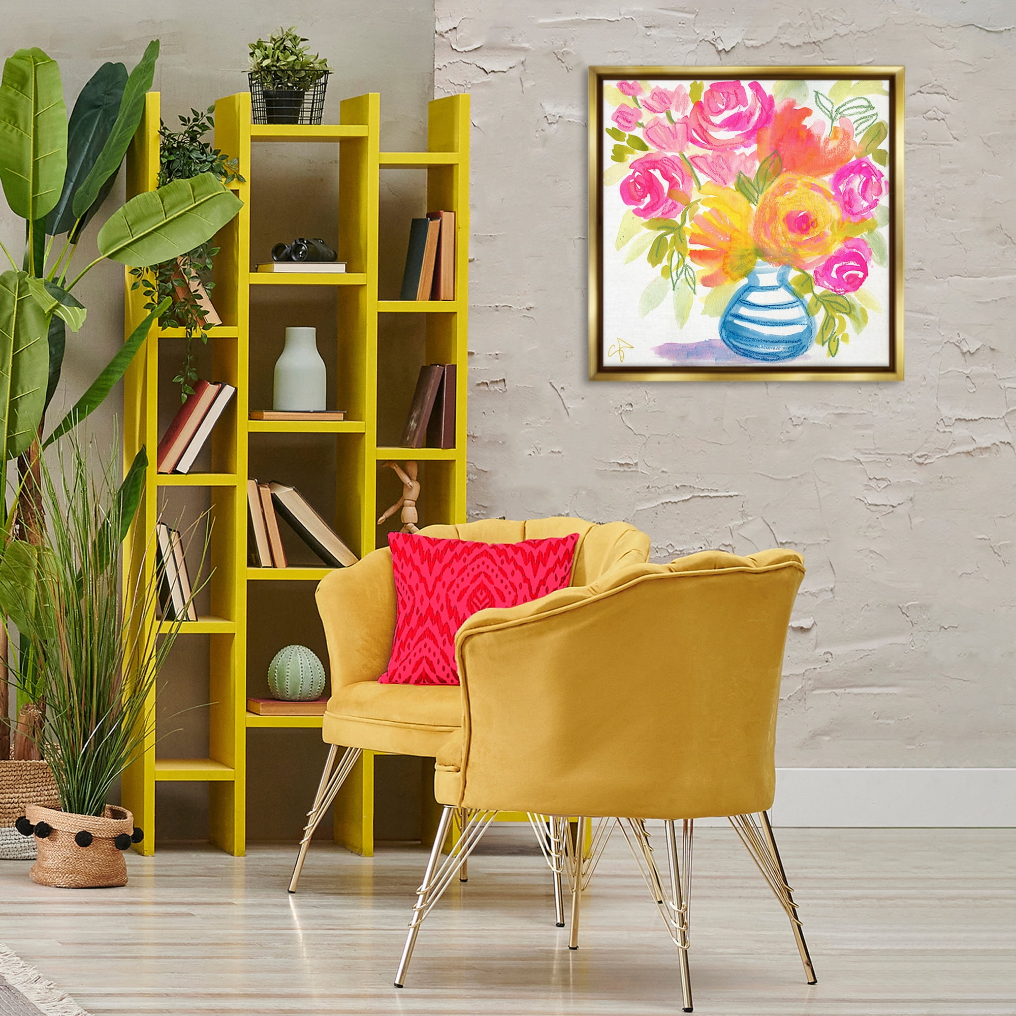 Stupell Industries Pink & Yellow Bouquet Plants & Flowers Painting Gold Floater Framed Canvas Art Print Wall Art, 25 x 25