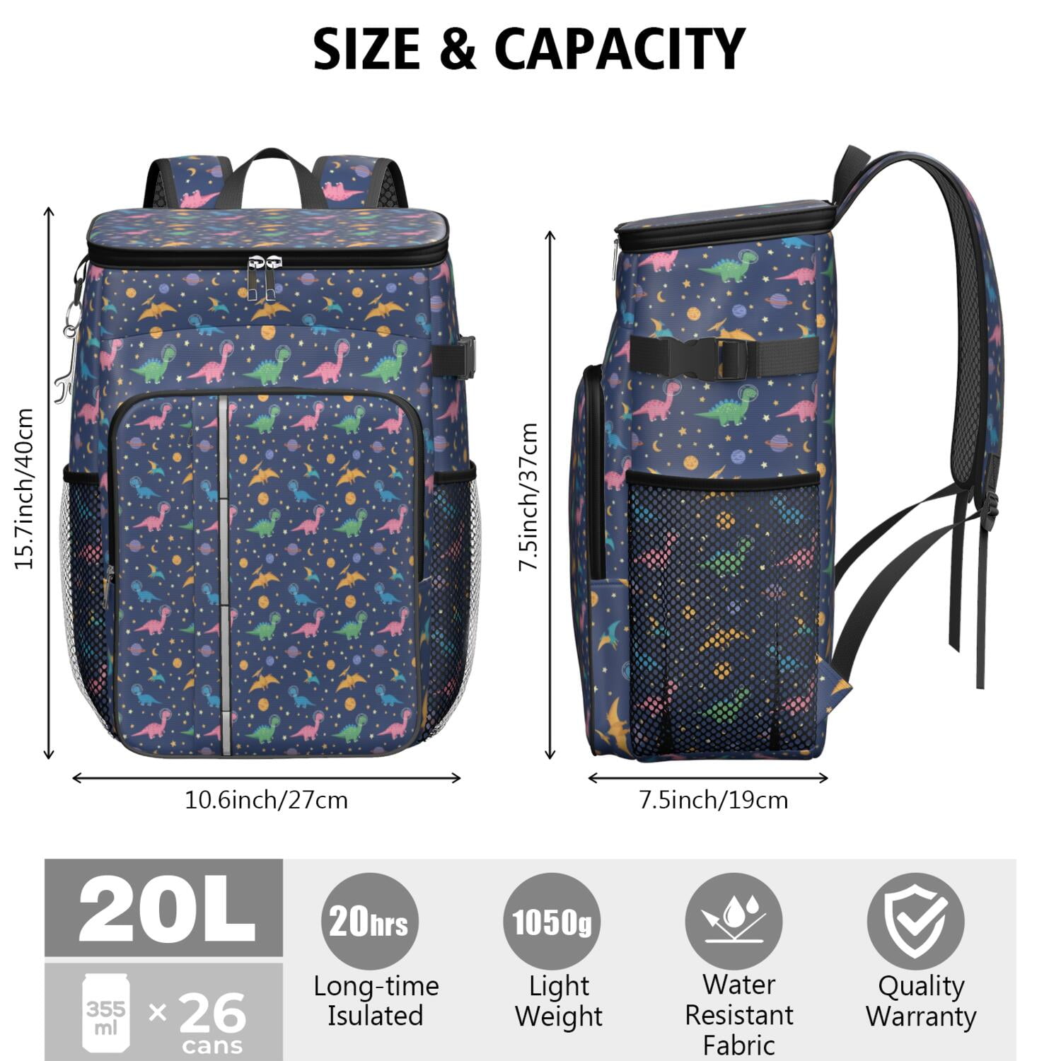 Travel Cooler Bag - Dark Blue Space Dinosaur Pattern Camping Beer Cooler Backpack with Bottle Opener- Waterproof Insulated Picnic Backpacks - Cooler Bag for Beach
