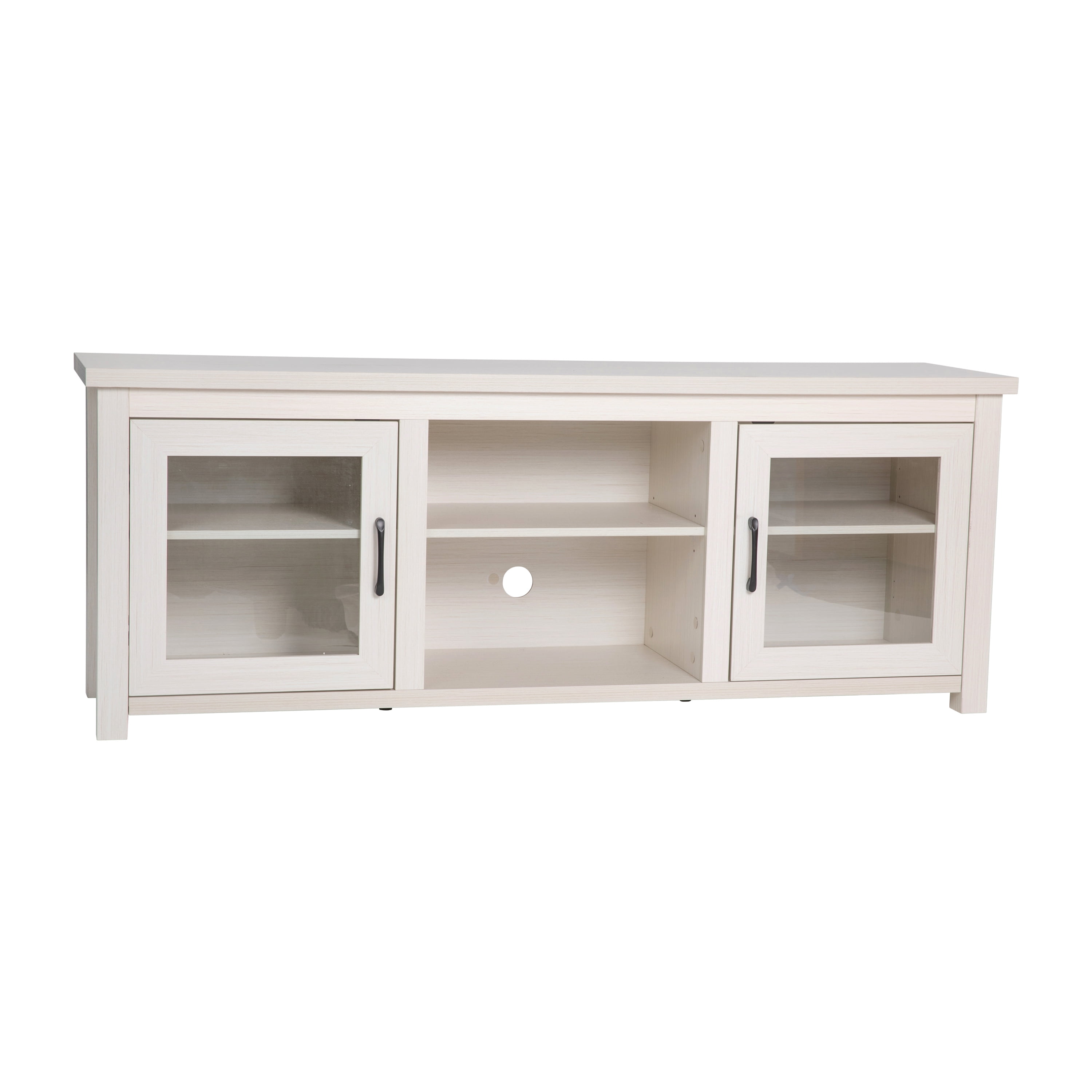 BizChair Classic TV Stand up to 80" TVs - Modern White Wash Finish with Full Glass Doors - 65" Engineered Wood Frame - 3 Shelves