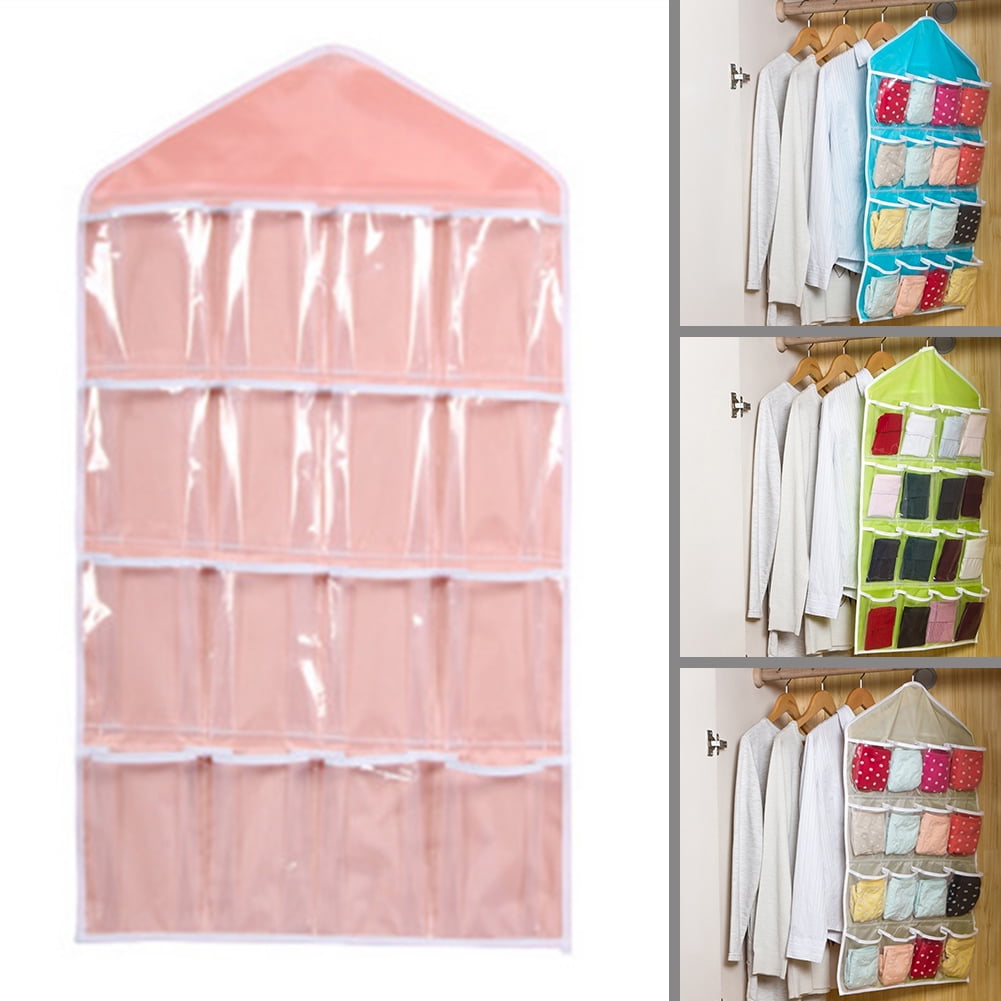 Wall Hanging Storage Bag,IEason 16Pockets Clear Hanging Bag Socks Bra Underwear Rack Hanger Storage Organizer