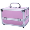 thumbnail image 6 of Qifang Pink Aluminum Makeup Train Case Portable Cosmetic Organizer Travel Vanity Box with Fold Out Compartments and Built-in Mirror 9"x6"x6", 6 of 13