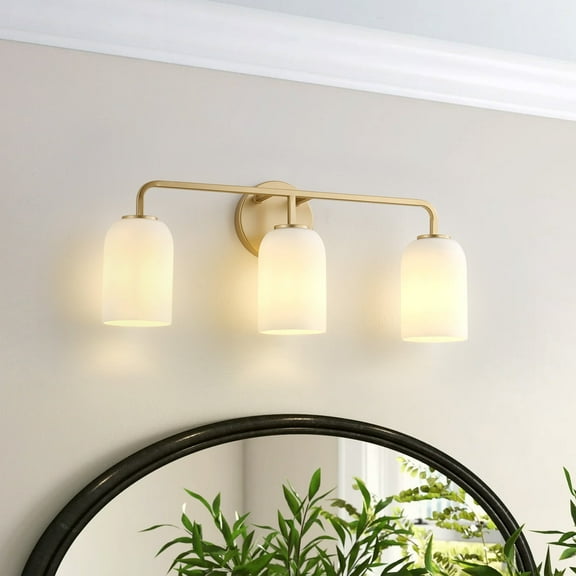 3-Light Bathroom Vanity Light Fixture over the Mirror, Modern Wall Lighting with Milky White Glass Shade, Brushed Gold Wall Sconce for Entryway Staircase Kitchen