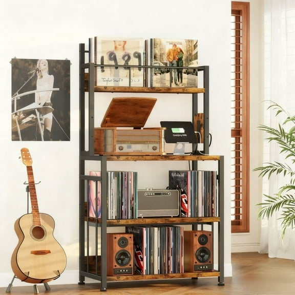 POAO Vinyl Record Stand Holds 300 Records,Record Player Stand with Vinyl Storage,Large Record Player Table with Power Outlet,Brown