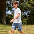 thumbnail image 5 of Ticikt Boys Ripped Raw Hem Denim Shorts Elastic Waist Straight Leg Jean Shorts Casual Summer Skort,Color:Blue,Size:7-8 Years, 5 of 9