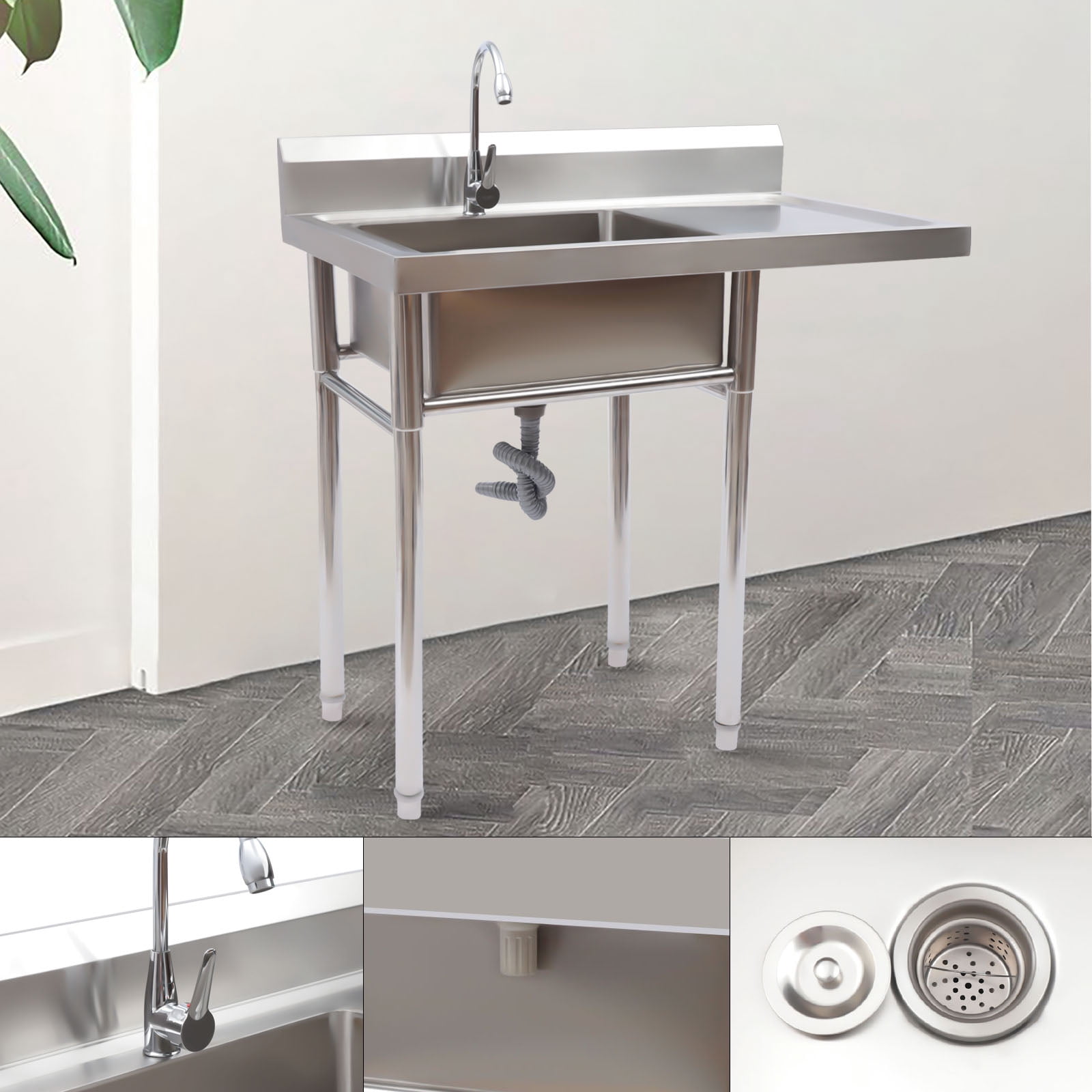 ChicHomey Heavy-Duty Stainless Steel Prep Sink Station,4" Anti-Splash Backsplash,Spacious Workbench & X-Drain Tech,Freestanding Design for Kitchens & Laundry Rooms