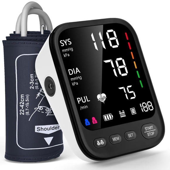 Tensiómetro automático para brazo con lectura de 2x199, pantalla grande retroiluminada de 4,5 pulgadas, brazalete ajustable de 9 a 17 pulgadas, detector de arritmia e hipertensión en el hogar.