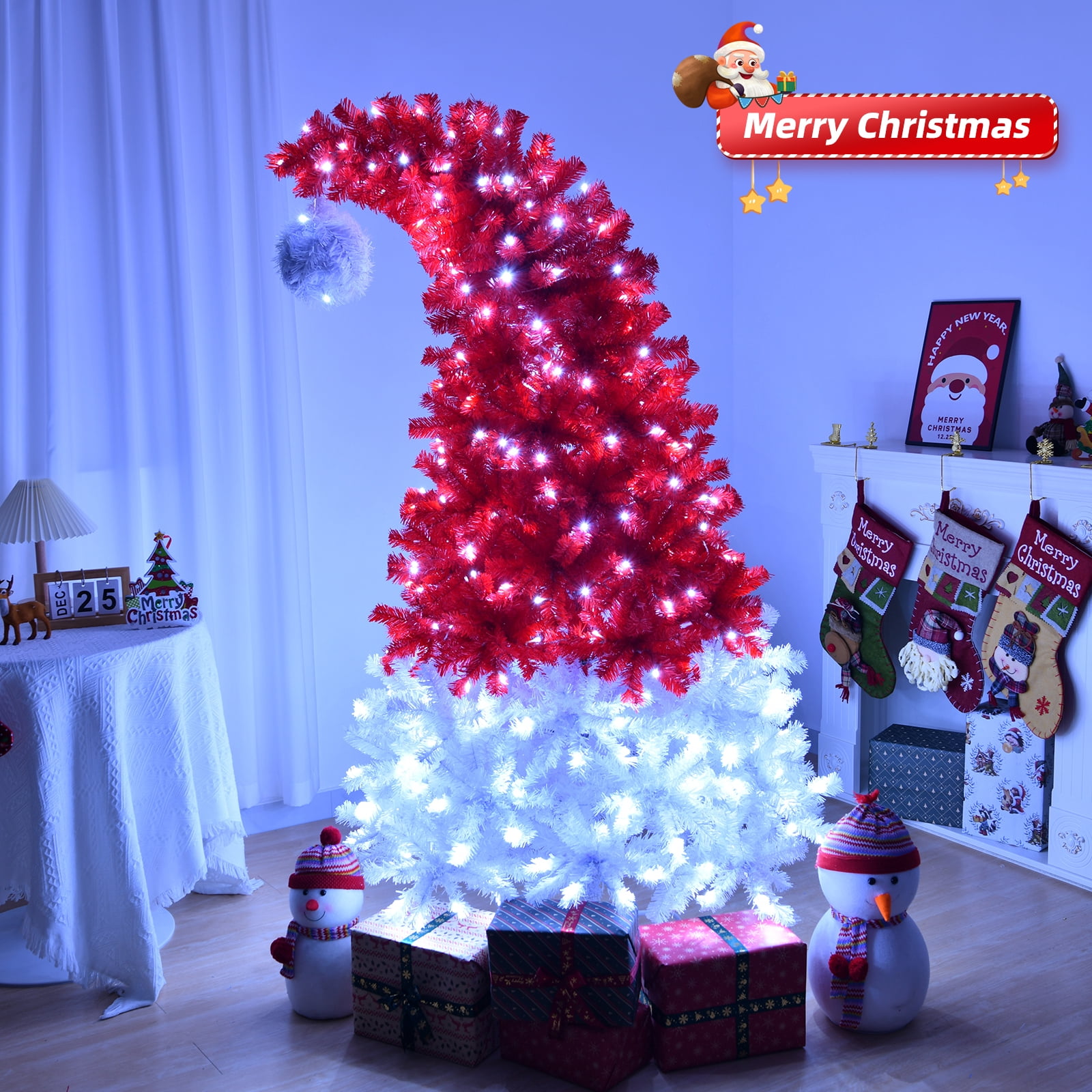 Astoutdoor 6 ft Santa Hat Style Pre-Lit Christmas Tree, Red and White, 300 Lights, 1050 Branch Tips
